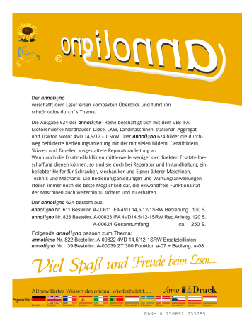 VEB IFA Diesel LKW Landmaschinen, Aggregat und Traktor Motor Typ 4VD 14,5/12-1 SRW Bild- Bedienungsanleitung & Bild- Reparaturanleitung 1977  -  annoligno 624